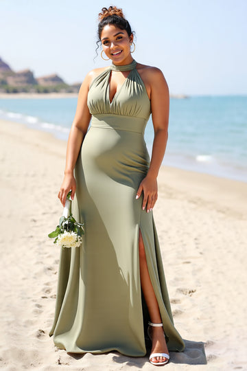 Plus Size A Line Olive Bridesmaid Dress with Slit